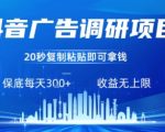 火爆抖音广告调研新项目！复制粘贴日赚300+，零门槛不限量任务