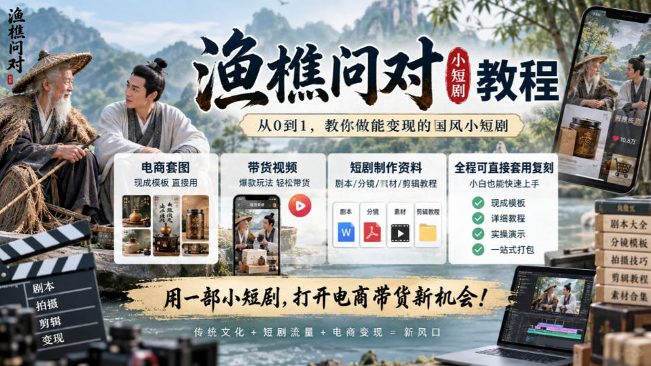渔樵问对小短剧教程,包含电商套图、带货视频,短剧制作资料,全程可直接套用复刻