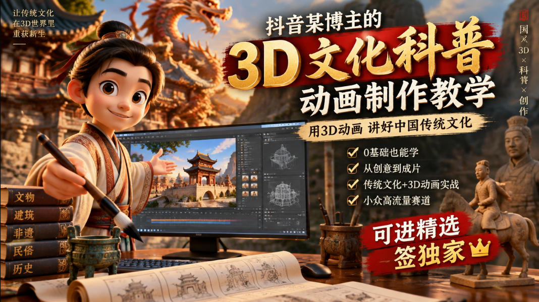 抖音某博主的3D文化科普动画制作教学，用3D动画呈现中国传统文化，可进精选签独家，单日收益1k+
