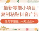 2025最新零撸小项目！复制粘贴抖音广告日赚500+，平台不限量任务无限量，揭秘无脑挂机暴富术！