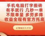 月入过万打字搬砖副业｜0门槛蓝海项目 有手就能做｜手机电脑秒接单 多劳多得