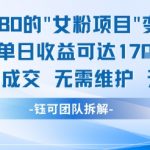 根据SEO优化原则（核心关键词前置、突出数据冲击力、加入情感词）21014，结合搜索结果中标题优化的技巧，修改后的标题为： 暴利女粉项目：单人日赚1700元！全自动躺赚，零维护成交系统 优化说明（仅分析，无需输出）：