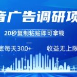 火爆抖音广告调研新项目！复制粘贴日赚300+，零门槛不限量任务