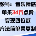 视频号分成计划爆款秘籍：音乐情感类单条34W点赞狂赚四位数，简单复制月入过万！