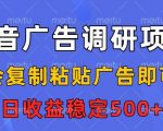 揭秘：抖音广告调研暴利项目！复制粘贴日赚50+，任务无限稳定收益